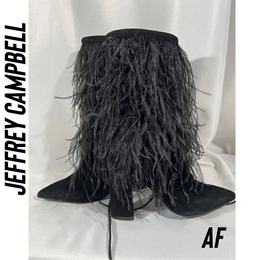 JEFFREY CAMPBELL SHAKE YA OSTRICH FEATHER BOOTS NEW BLACK - Picture 2 of 11